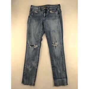 Womens American Eagle Outfitters Hi Rise Jeggings Size 6 Distressed Raw Hem Blue